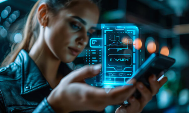 Person holding smartphone and e-payment application, concept of secure and convenient digital payment methods by mobile technology and financial platforms for seamless transactions in cashless society