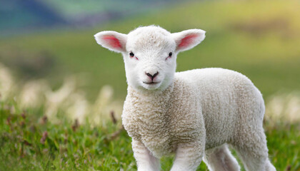 Naklejka na ściany i meble Cute white lamb with soft wool in lush green field.