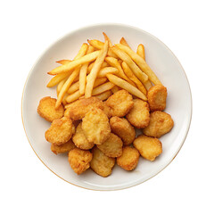 A plate of chicken nuggets and French fries, on transparent background
