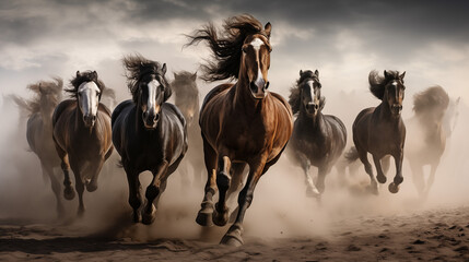 Equestrian group in motion: hooves pounding earth, a symphony of power. Dust swirls as they gallop, a synchronized heartbeat.  - obrazy, fototapety, plakaty