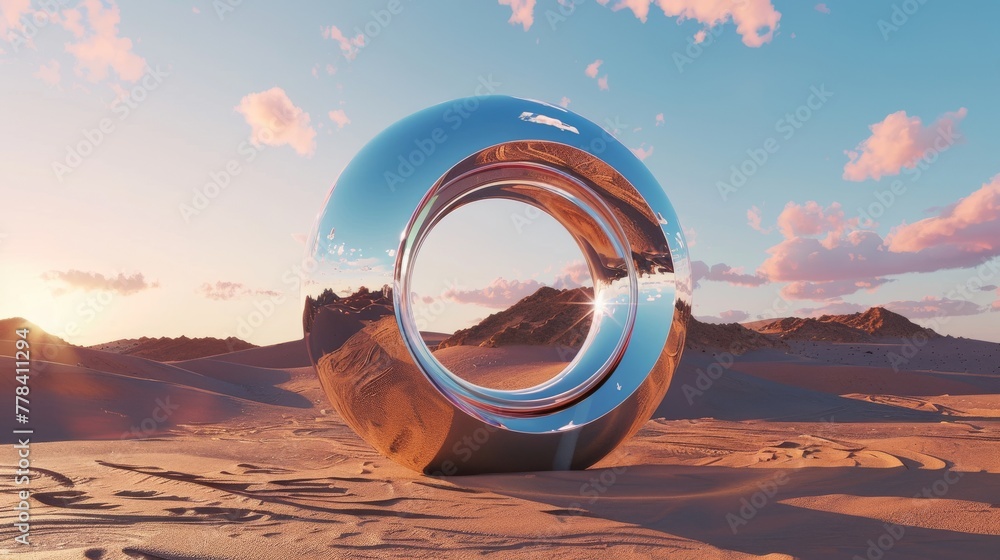 Poster an abstract desert background with metallic mirror geometric loops.