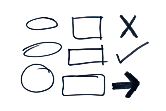 Set of doodles drawn with black marker on transparent background