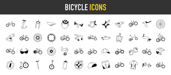 Bicycle & cyclists icons set. Such as ride, wheel, race bike, fork, seat, hub, handlebar, water bottle, gear, lever, helmet, path, delivery man, carrier, suit, air pump, chain vector icon illustratio