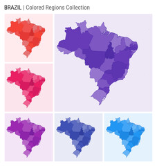 Brazil map collection. Country shape with colored regions. Deep Purple, Red, Pink, Purple, Indigo, Blue color palettes. Border of Brazil with provinces for your infographic. Vector illustration.