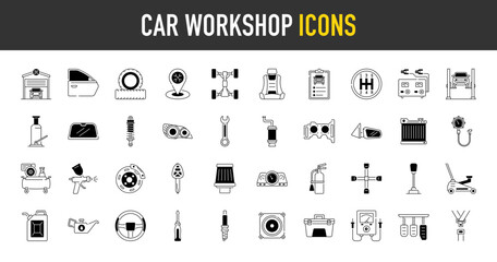 Car workshop icons set. Such as auto, automobile, door, charger, air compressor, windshield, fire, location, radiator, paint spray, light, oil, toolbox, pedals, inspection vector icon illustration