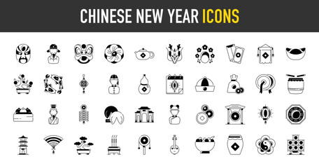 Chinese new year icon. such as lunar year, mask, emperor, teapot, dragon, flower, carps, dumpling, calabash, envelope, red,  calendar, hat, money, cymbals, drum, firecracker vector icons illustration