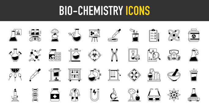 Biochemistry icon set. Such as science, dish, molecular, experiment, physics, botany, lab, coat, microscope, certificate, chemical, pills, test, dna, research, analysis, atom vector icons illustration