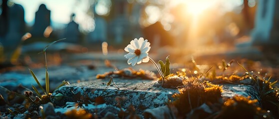 Solemn Tribute: A Lone Flower for Remembrance at Dusk. Concept Nature Photography, Artistic Portrayals, Emotional Capture - obrazy, fototapety, plakaty