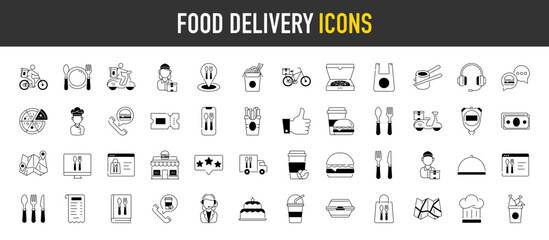 Food delivery icon set. Such as cake, burger, dish, grocery, list, online, order, box, man, courier, location, store, pizza, truck, beverage, coffee, cup, french fries vector icons illustration. 
