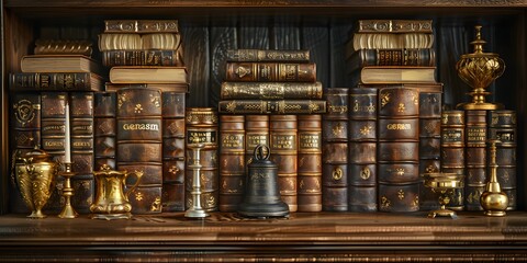 a stack of books with a bell on top - obrazy, fototapety, plakaty
