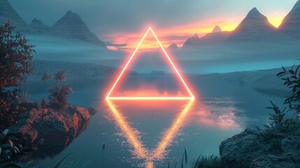A wonderful nature wallpaper featuring a neon gradient background, a surreal landscape, mountains, calm water, and a glowing triangle in virtual reality.