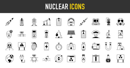 Nuclear and energy icon set. Such as tower, gas mask, suitcase, pipeline, tank, hazmat, fuel, danger, missile, formula, dosimeter, explosion, generator, electricity, weapon vector icons illustration.