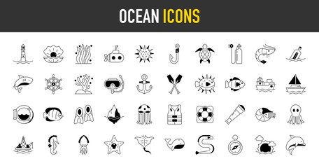 Ocean icons set. Such as lighthouse, clam, rudder, fishing hook, submarine, oars, flippers, seahorse, oxygen tank, sun, oil, starfish, anchor, blowfish, cargo ship, compass vector icon illustration.