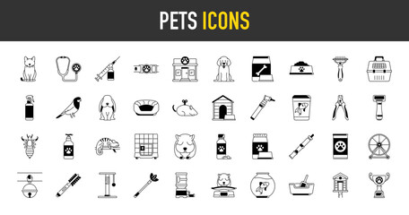 Pet icon set. Such as litter box, veterinary, cat, fish, bowl, vaccine, carrier, anti bug, collar, vet, shop, shampoo, bed, grooming rake, lice, dog food vector icons illustration.