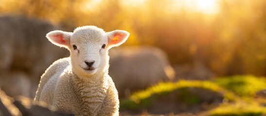 A close-up of a Fluffy white lamb in golden sunlight.