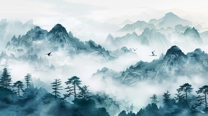 The background is traditional Chinese nature with mountains, pine trees, and a flying crane bird. This watercolor landscape is depicted in a foggy way.