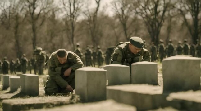 Slow-motion scene of soldiers mourning fallen comrades.
