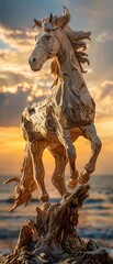 Handcrafted wooden horse, galloping pose, wide lens, sunset, dynamic, traditional carving artistry , 8K , high-resolution, ultra HD,up32K HD