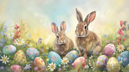Fototapeta na wymiar Two rabbits are lounging in a grassy field adorned with colorful Easter eggs and vibrant flowers. The scene resembles a painting showcasing the beauty of nature AIG42E