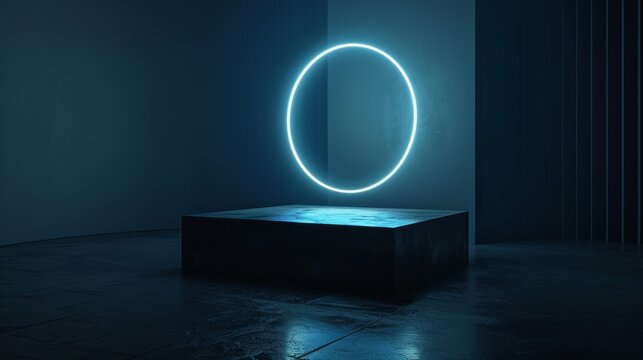 An abstract background with neon rings above a square pedestal is shown in a 3D render inside a dark empty room. The wallpaper is minimalist and futuristic with an empty podium to display a product.