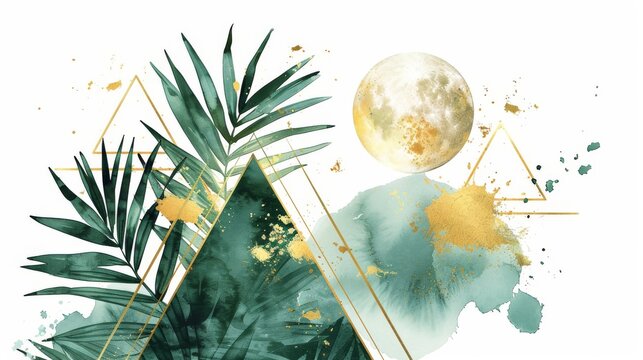 A watercolor illustration showing a triangular frame, palm leaves, and a golden brushstroke smear with a moon on a white background.