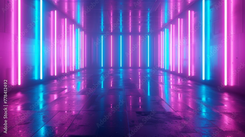 Poster a realistic 3d render of a pink blue neon abstract background with vertical panels glowing in ultrav