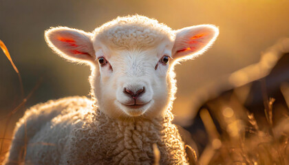 A close-up of a Fluffy white lamb in golden sunlight.