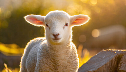 Fototapeta premium A close-up of a Fluffy white lamb in golden sunlight.