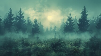 Foggy Forest Filled With Dense Trees - obrazy, fototapety, plakaty