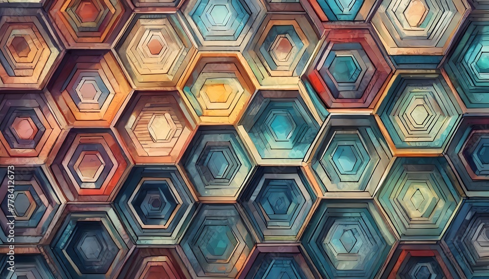 Poster intricate hexagonal pattern that seamlessly transitions into a colorful.