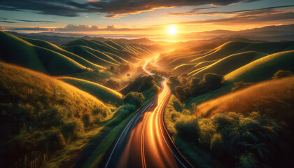 A breathtaking landscape scene at sunrise, with the sun peeking over rolling hills covered in lush greenery. A smooth, winding road