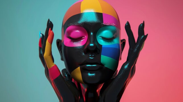3D rendering, abstract modern fashion concept, surreal collage with colorful geometric shapes, black mannequin parts, woman with bald head, hands and feet.