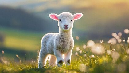 Obraz premium Cute white lamb with soft wool in lush green field.