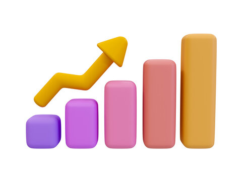 3d minimal data analysis. colorful statistic bar chart with an arrow rising. 3d illustration.