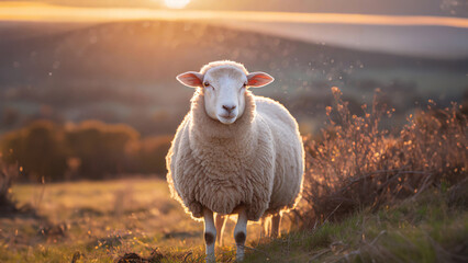 a sheep with soft, white fur, looking directly at the camera, with a golden sunset in the background