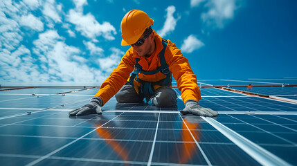 Technician installing solar panels on a photovoltaic power plant - obrazy, fototapety, plakaty