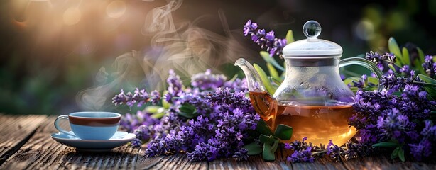 Obraz na płótnie Canvas a teapot with a glass lid next to purple flowers