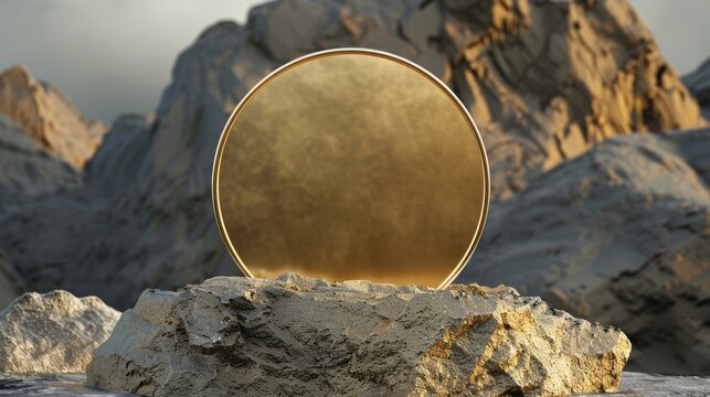 This is a 3D rendering of a golden rock surrounded by an abstract geometric background with gold round frame. Experience the aesthetic minimalism of the background. It is suitable for product