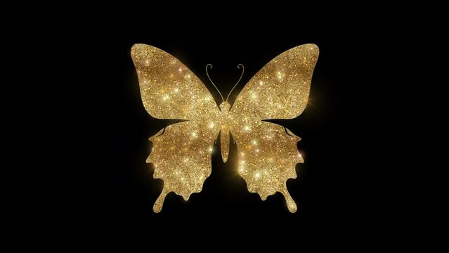 Glittering golden butterfly silhouette, alpha channel, transparent background