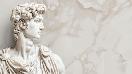 A detailed image showing the face of a classical marble sculpture against a marble background The focus is on the artistic details