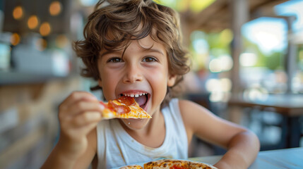 Portrait of a little boy with an appetizing piece of pizza