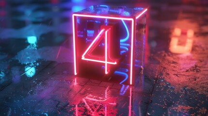 An infrared glowing square box with a neon number four and a digital symbol inside 3D rendering - obrazy, fototapety, plakaty