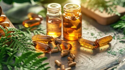 Alternative medicine herbal organic capsule with vitamin E omega 3 fish oil - obrazy, fototapety, plakaty