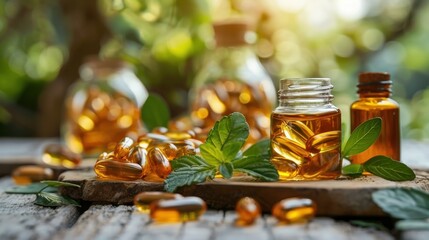 Alternative medicine herbal organic capsule with vitamin E omega 3 fish oil - obrazy, fototapety, plakaty