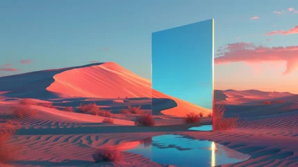Selbstklebende Fototapeten Rendering of a 3D abstract spectacular panoramic background. The background shows sand water and a square mirror under a clear blue sky. Modern minimal aesthetic wallpaper. © Mark