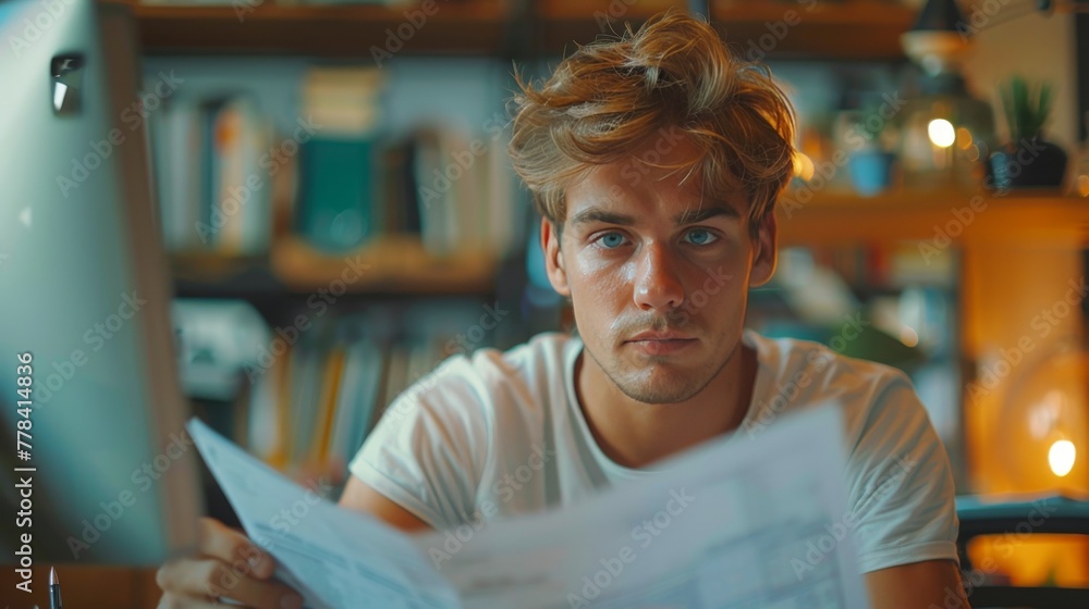 Poster man with glasses reading book in front of bookshelf