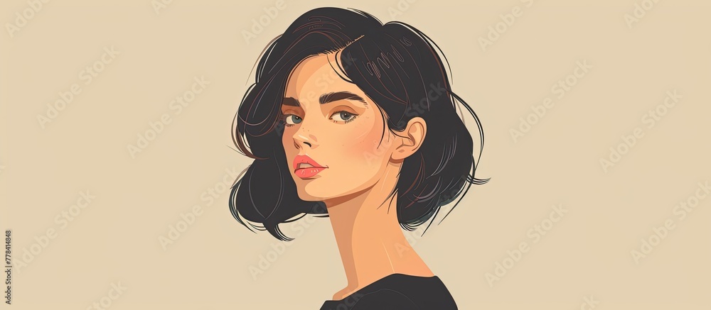 Wall mural A cartoon drawing of a happy woman with short black layered hair, emphasizing her nose, cheek, jaw, and eyelash. The gesture in the painting captures a joyful event