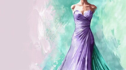 Split Fashion Illustration: Lavender Silk and Mint Green Linen Dress.