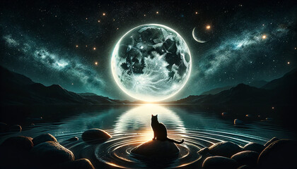A mystical scene with a cat sitting on a rock by the water's edge. The cat is silhouetted against a massive, detailed moon
