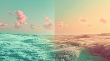 Split Fantasy Landscape: Lavender Sky and Mint Green Terrain.